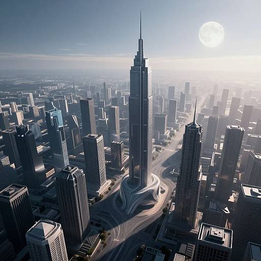 Aerial photograph of a sunlit, modern cityscape with tall skyscrapers, including a central, slender, spire-topped tower, surrounded