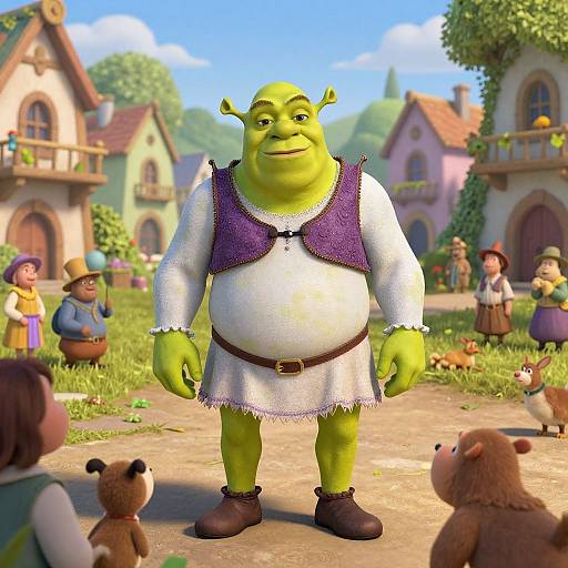 CGI image of a green-skinned, chubby, horned ogre in medieval-style white dress with purple vest, standing in a colorful, fantasy