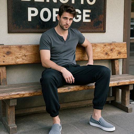 Photograph of a handsome, muscular man with dark hair and beard, wearing a grey V-neck t-shirt, black pants, and grey slip-on shoes