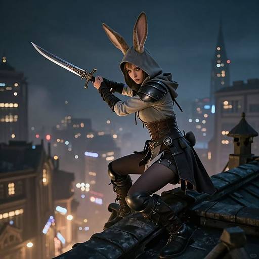 CGI fantasy scene of a rabbit-eared warrior in a hood, wielding a sword on a rooftop at night, with a cityscape of glowing lights