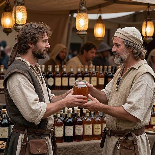 Photograph of two bearded men in medieval-style clothing exchanging a jar of honey at a market stall with warm lanterns and honey bottles in the background