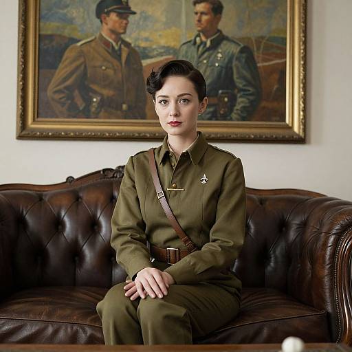 Photograph of a pale-skinned, dark-haired woman in a vintage olive-green military uniform, sitting on a brown leather sofa, with a framed painting