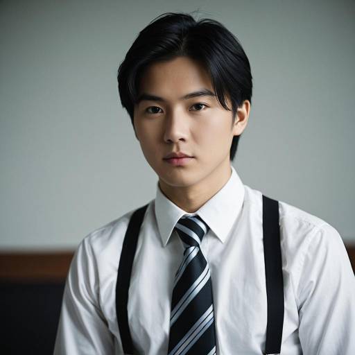 Asian man in white shirt with suspenders and necktie
