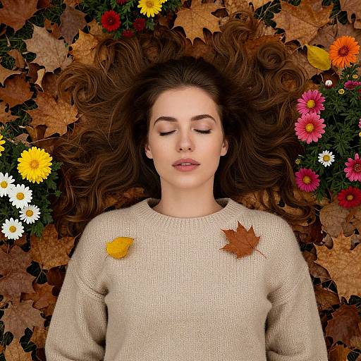 Woman Amidst Autumn Leaves and Flowers
