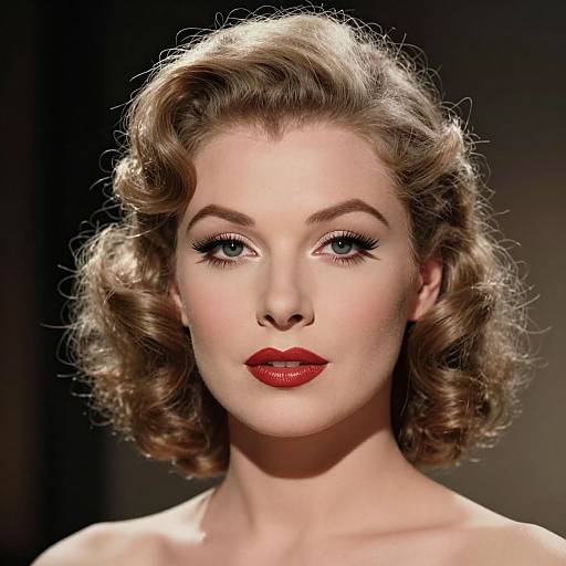 Photorealistic portrait of a fair-skinned woman with vintage 1940s-style blonde curls, red lipstick, and blue eyes, set against a