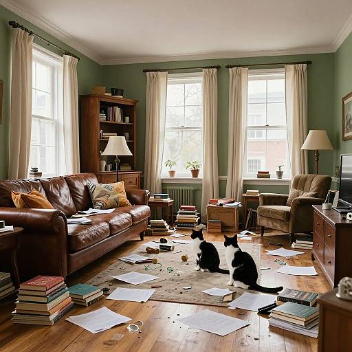 Cozy, sunlit living room with green walls, brown leather sofa, two black cats, scattered books, and two tall windows with white curtains.