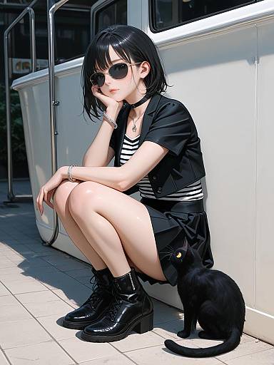 Chic Woman in Striped Monochrome Outfit