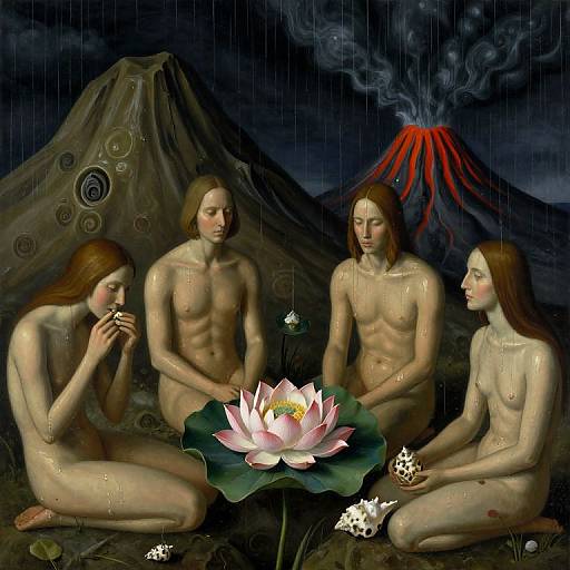Digital artwork of four nude, pale-skinned, red-haired women sitting in rain, around a pink lotus flower, with a volcanic mountain and erupt