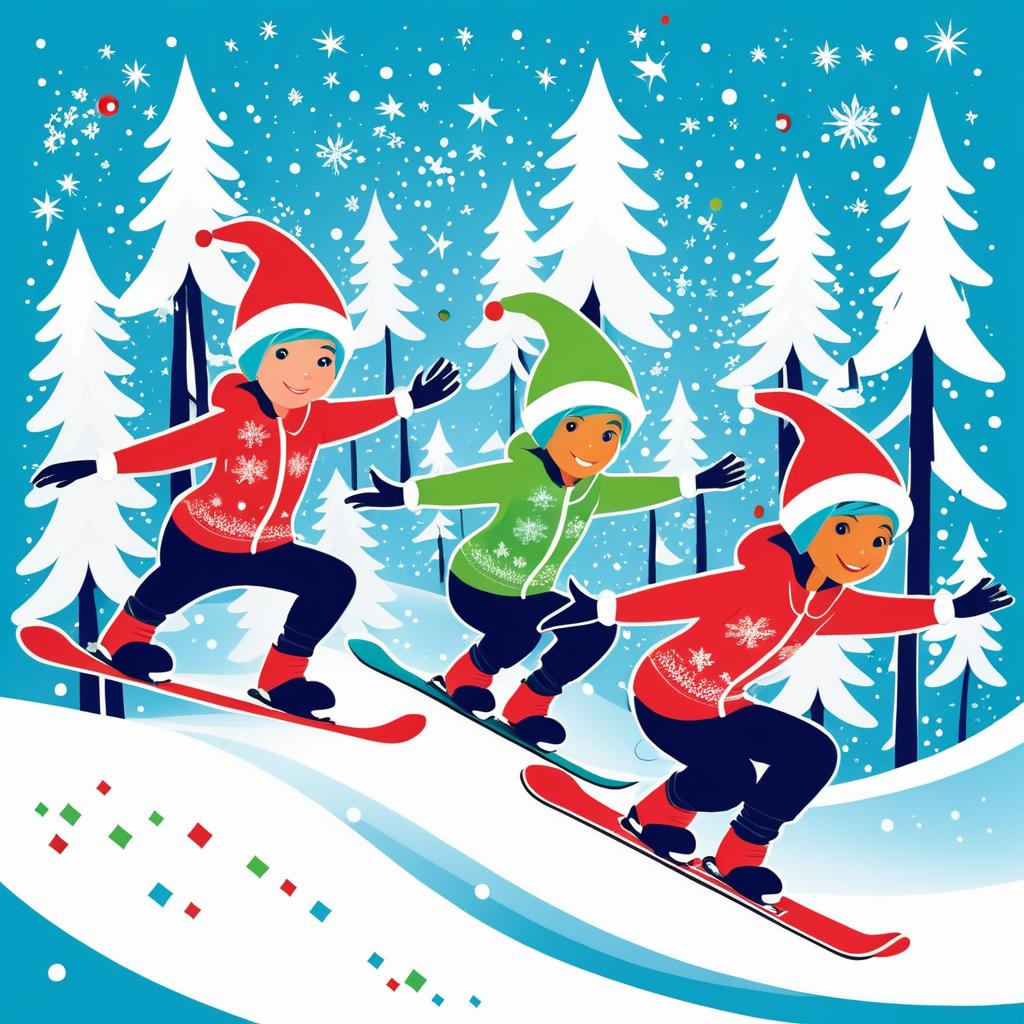 Colorful Christmas Elves Snowboarding Graphic