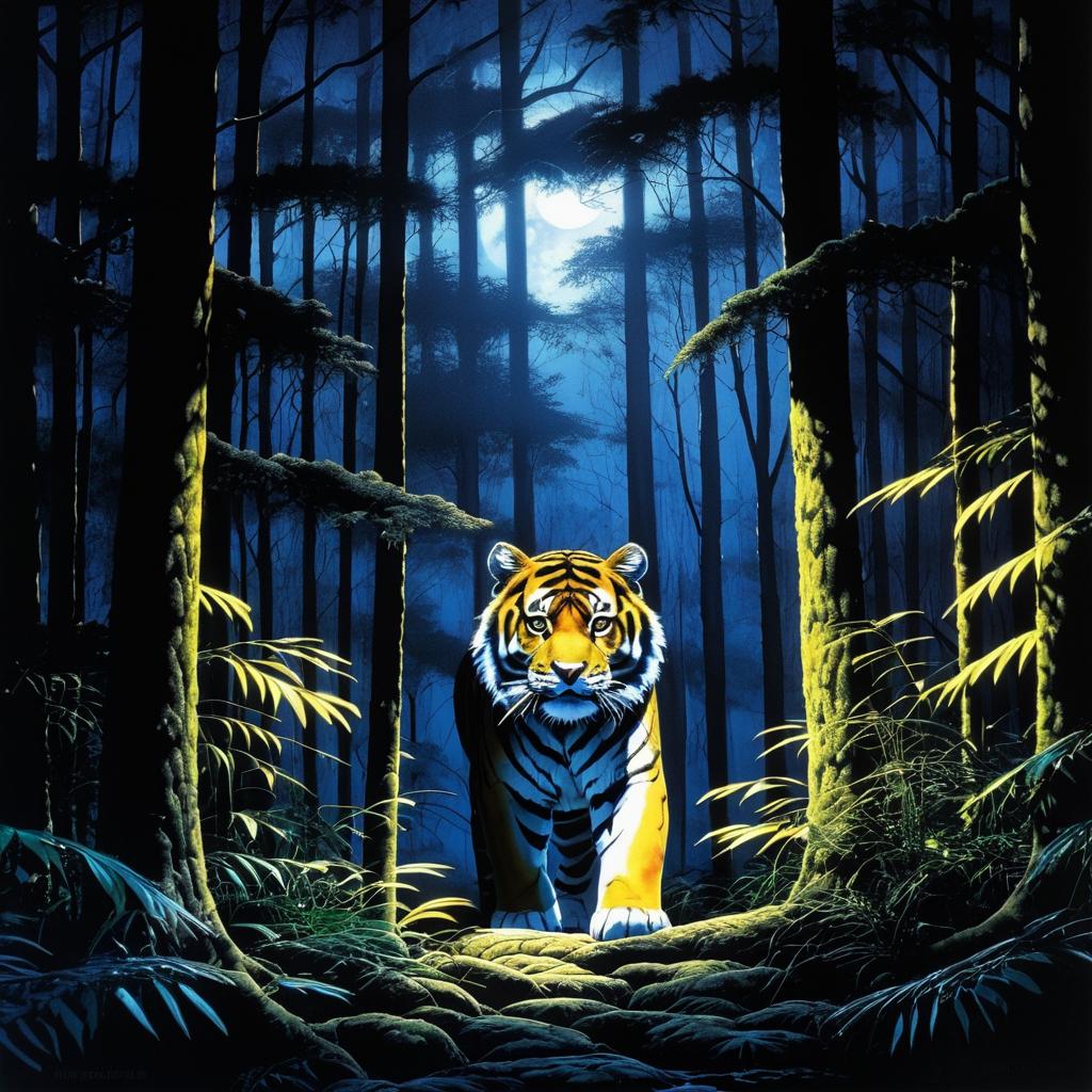 Mystical Tiger Encounter in Dark Forest