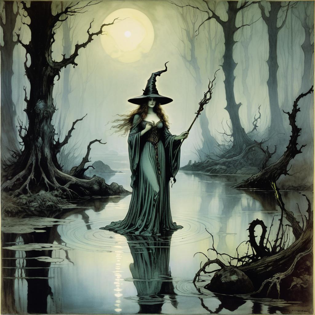 Eerie Sorceress in Foggy Swamp