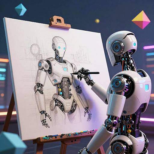 Photorealistic CGI of a white robot painter creating a sketch of another robot on a grid-paper canvas in a neon-lit, futuristic studio.