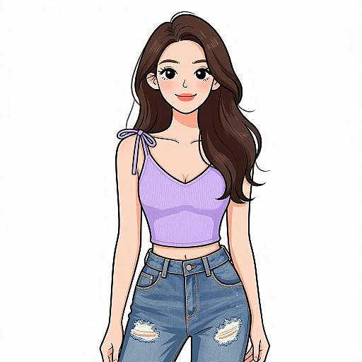 Digital anime-style drawing of a smiling young woman with long brown hair, wearing a purple crop top and blue distressed jeans.