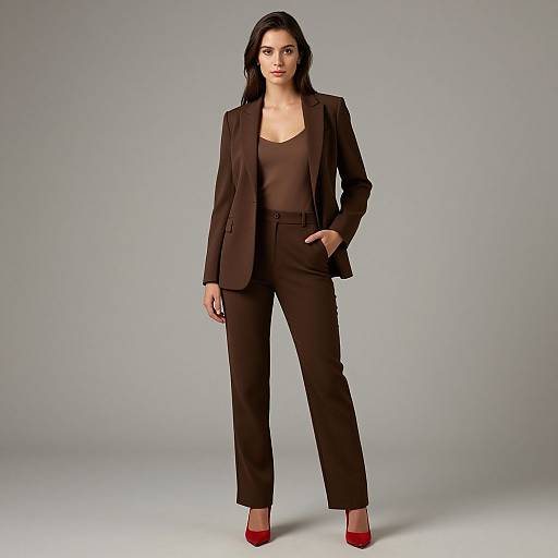 Photograph of a confident woman with long black hair, wearing a brown blazer, matching trousers, and red top, with red high heels, standing