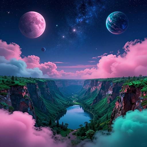 Digital artwork of a vibrant, surreal landscape with a deep canyon, glowing pink clouds, a serene lake, and three colorful planets in a starry night