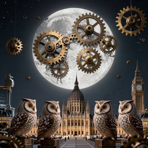 Photorealistic digital artwork: Four owls sit in front of St. Paul's Cathedral with a full moon and large gears in the night sky.