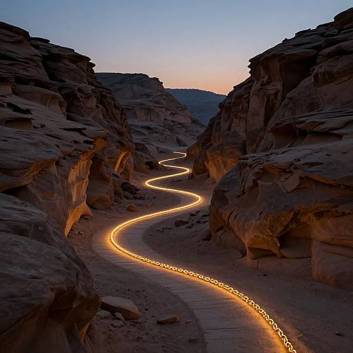 Photograph of a winding, illuminated path through a rugged, rocky canyon at dusk, with a vibrant blue-to-pink sky in the background.