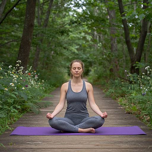 Photograph of a white woman with light brown hair, wearing a gray sports tank and leggings, meditating in a forest on a purple yoga mat.