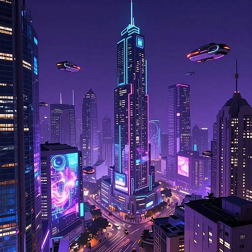 Neon-lit, futuristic cityscape at night, featuring glowing skyscrapers, flying saucers, vibrant digital billboards, and illuminated streets