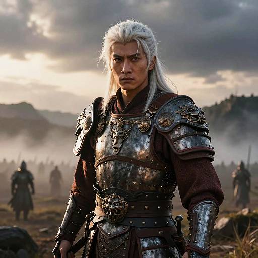 Photorealistic CGI of a stern, white-haired Viking warrior in reflective silver armor, standing in a misty, mountainous battlefield at sunset.