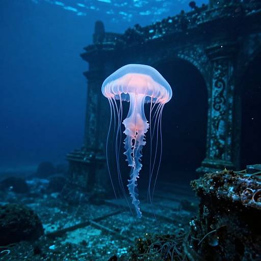 Photograph of a glowing, translucent jellyfish with long, dangling tentacles floating in a dark, underwater ruin illuminated by blue light.