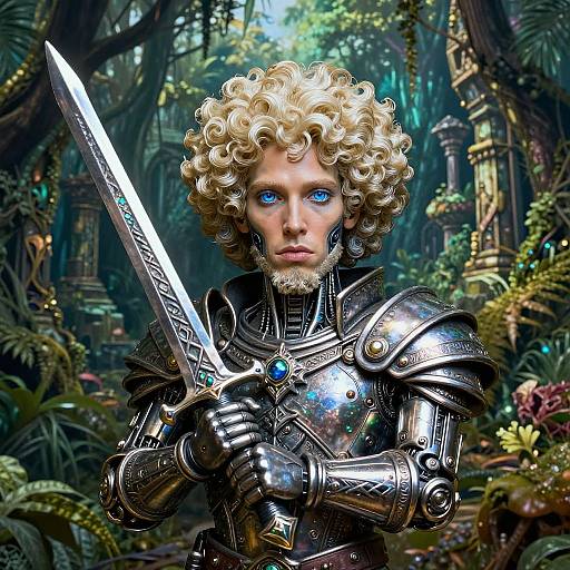 Digital art: Young, curly-haired warrior with blue eyes and metallic armor holds a glowing sword in a lush, mystical forest.