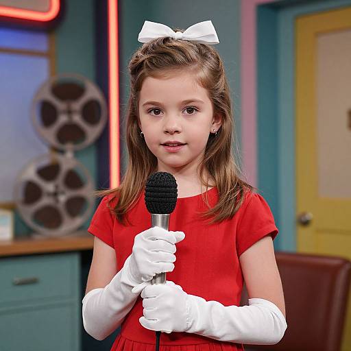 Photograph of a young girl with brown hair, wearing a red dress, white gloves, and bow, holding a microphone in a colorful, retro studio