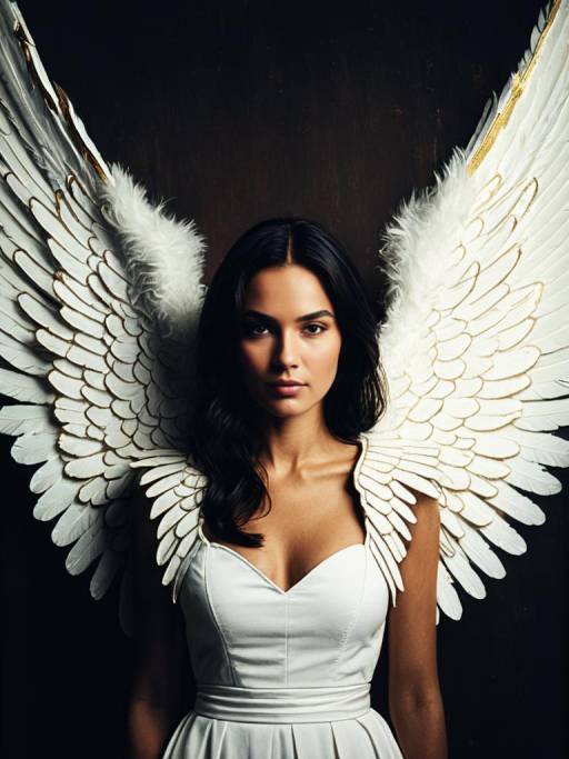 Woman with Large Angel Wings in White Dress