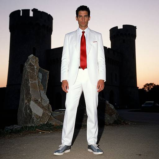 Photograph of a serious man in a white suit with a red tie, black sneakers, standing in front of ruined castle walls at sunset.
