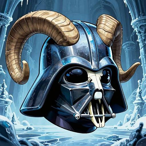 Digital artwork of a dark blue, helmeted creature with large, curved brown horns, sharp teeth, and glowing eyes in a blue, icy, cathedral