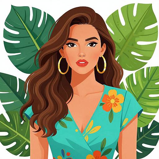 Digital illustration of a beautiful, brown-haired woman with wavy hair, wearing a turquoise floral shirt and large gold hoop earrings, set against a backdrop of
