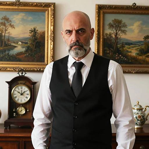 Photograph of a bald, bearded middle-aged man in a black vest and tie, standing in a room with two framed landscapes and antique clock on