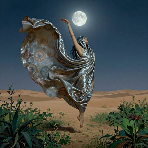 Digital artwork of a woman in a flowing silver dress with circular patterns, dancing under a full moon in a desert with sand dunes and green plants.