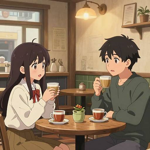 Anime-style digital drawing of a black-haired girl in a white blouse and red bow, and a black-haired boy in a green sweater, sitting at a