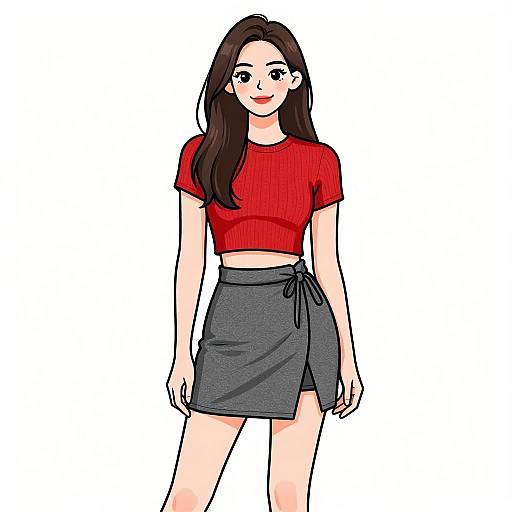 Digital illustration of a smiling woman with long brown hair, red crop top, and gray skirt tied on the side.