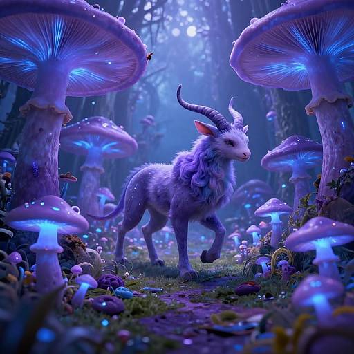 Digital fantasy artwork of a white, horned, furry creature walking through a glowing blue mushroom forest under moonlight.