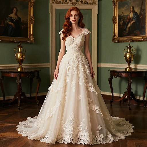 Photograph of a redheaded woman in a white lace wedding gown, standing in an elegant, green-walled room with gold-framed paintings and orn