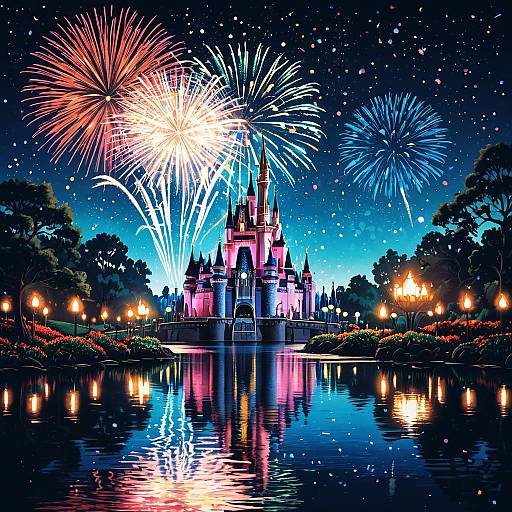 Disney Cinderella Castle with Fireworks Over Lake