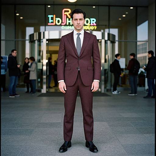 Photograph of a serious man in a dark brown suit, white shirt, and patterned tie, standing in front of a modern office building with neon