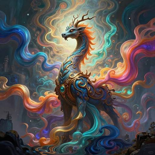 Digital fantasy artwork of a majestic, glowing, multicolored unicorn with ornate armor, surrounded by swirling, rainbow-like ethereal flames in a dark