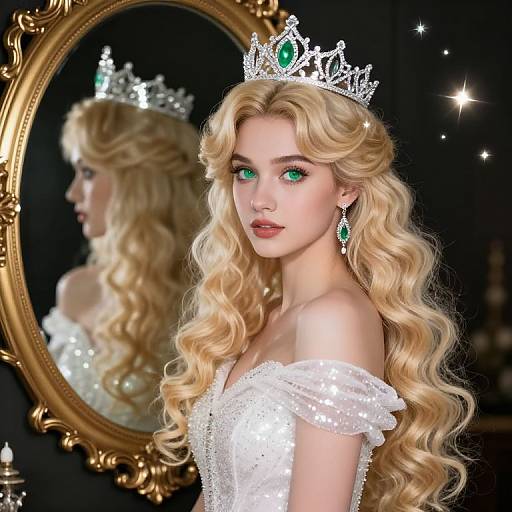 Digital artwork of a blonde princess with green eyes, wearing a silver tiara, white off-shoulder dress, and green earrings, reflected in an