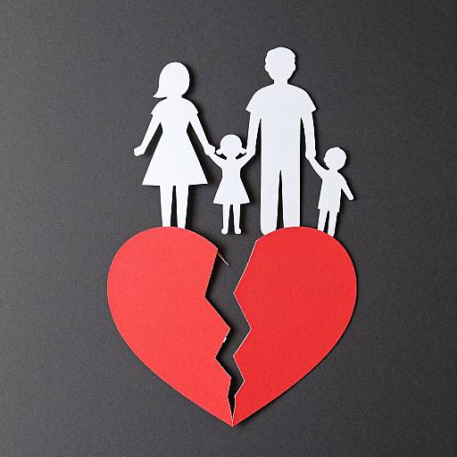 Photograph of white family silhouettes standing on a large red heart with a broken crack, against a black background.