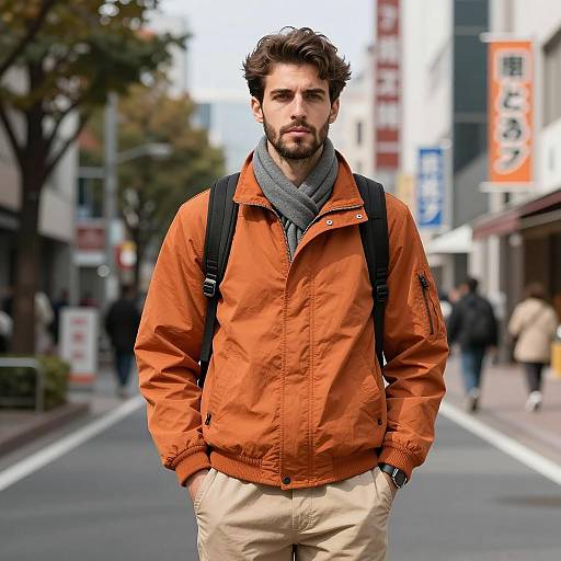 Young Man in Orange Jacket on City Street
