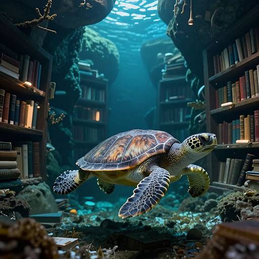 Photograph of a sea turtle swimming through an underwater library with bookshelves, coral, and illuminated books, bathed in blue light.