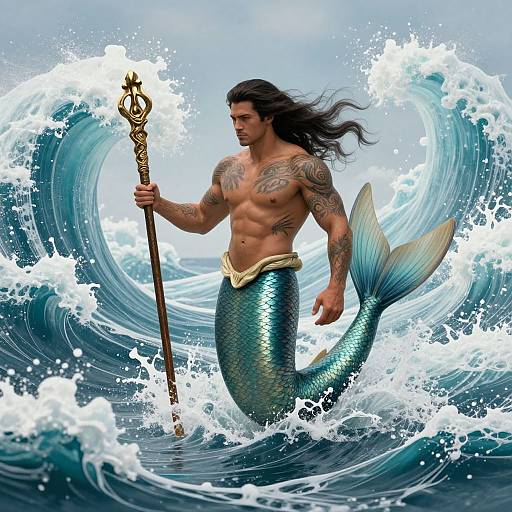 Tattooed Merman Warrior Amidst Waves