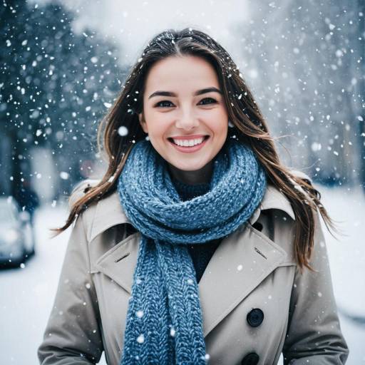 Smiling Woman in Winter Coat and Scarf in Snow