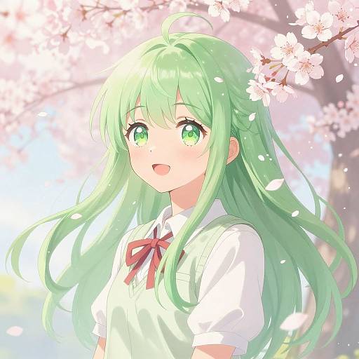 Anime Girl with Green Hair and Cherry Blossoms