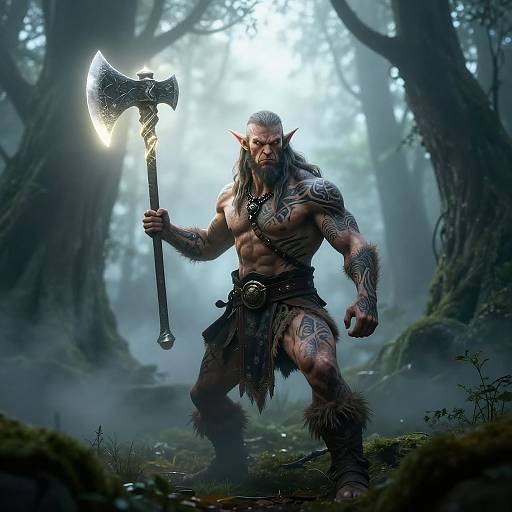 Elven Barbarian in Misty Forest