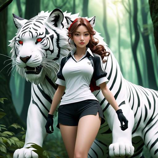 Girl with White Tiger in Forest