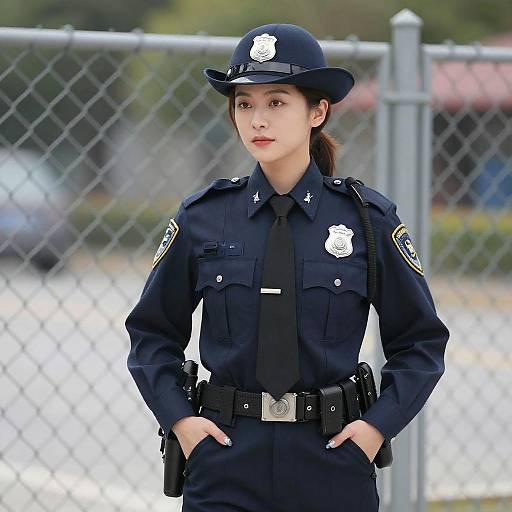 Realistic Policewoman by Chain-Link Fence